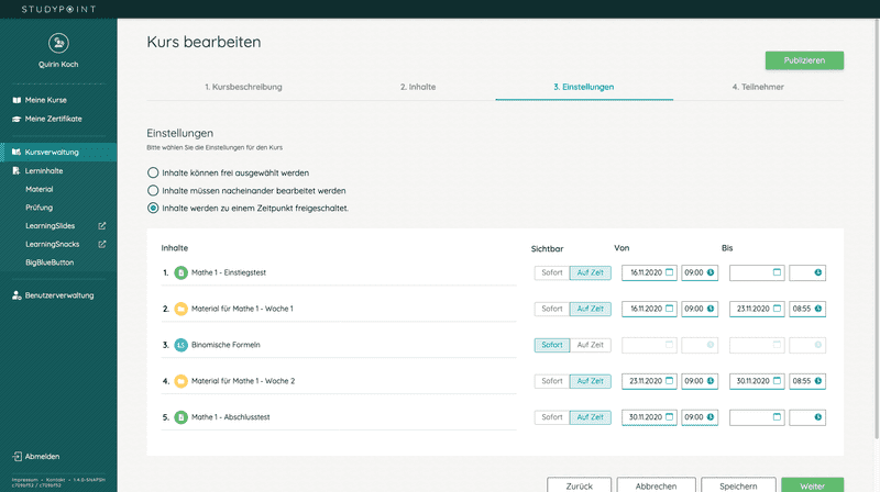 Kurs - Zeitliche Freischaltung